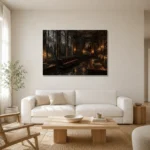 Arched Window Library Dark Academia Wall Art Canvas Print styled in a refined neutral interior
