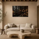Arched Window Library Dark Academia Wall Art Canvas Print presented in a sophisticated home setting