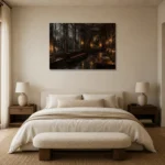 Arched Window Library Dark Academia Wall Art Canvas Print showcased in an elegant minimalist interior