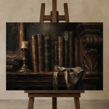 Antique Books Still Life Dark Academia Wall Art Canvas Print shown in Studio Easel
