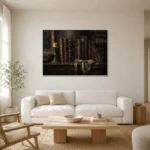 Antique Books Still Life Dark Academia Wall Art Canvas Print styled in a refined neutral interior