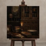 Candlelit Cabinet Library Dark Academia Wall Art Canvas Print displayed on a studio easel