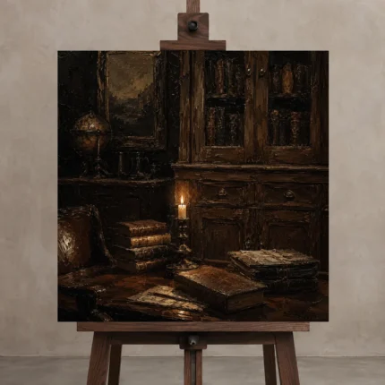Candlelit Cabinet Library Dark Academia Wall Art Canvas Print shown in Studio Easel