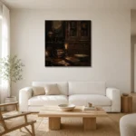 Candlelit Cabinet Library Dark Academia Wall Art Canvas Print styled in a refined neutral interior