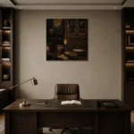 Candlelit Cabinet Library Dark Academia Wall Art Canvas Print displayed in a contemporary gallery-inspired room