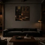 Candlelit Cabinet Library Dark Academia Wall Art Canvas Print shown in a warm modern interior