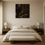 Candlelit Cabinet Library Dark Academia Wall Art Canvas Print showcased in an elegant minimalist interior