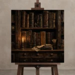 Candlelit Bookshelf Dark Academia Wall Art Canvas Print displayed on a studio easel