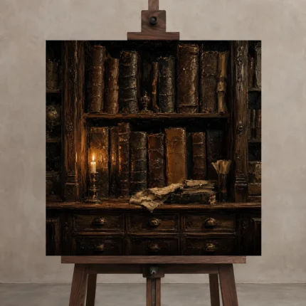 Candlelit Bookshelf Dark Academia Wall Art Canvas Print shown in Studio Easel