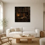 Candlelit Bookshelf Dark Academia Wall Art Canvas Print styled in a refined neutral interior
