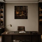 Candlelit Bookshelf Dark Academia Wall Art Canvas Print displayed in a contemporary gallery-inspired room
