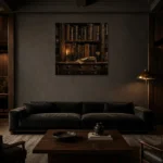 Candlelit Bookshelf Dark Academia Wall Art Canvas Print shown in a warm modern interior