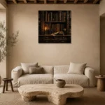 Candlelit Bookshelf Dark Academia Wall Art Canvas Print presented in a sophisticated home setting
