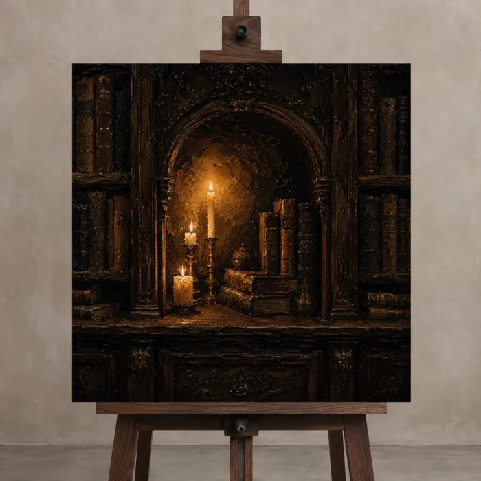 Candlelit Alcove Library Dark Academia Wall Art Canvas Print displayed on a studio easel