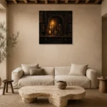 Candlelit Alcove Library Dark Academia Wall Art Canvas Print presented in a sophisticated home setting