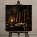 Vintage Lantern Library Dark Academia Wall Art Canvas Print displayed on a studio easel