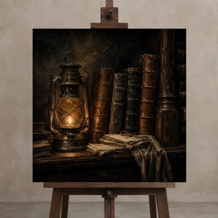 Vintage Lantern Library Dark Academia Wall Art Canvas Print displayed on a studio easel