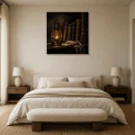 Vintage Lantern Library Dark Academia Wall Art Canvas Print showcased in an elegant minimalist interior