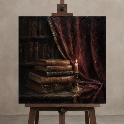 Burgundy Draped Books Dark Academia Wall Art Canvas Print shown in Studio Easel