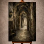 This Old University Corridor Dark Academia Wall Art captures the quiet grandeur of a historic academic hallway, where vaulted arches, worn stone floors, antique lanterns, and softly illuminated windows create a deeply atmospheric composition. The textured painterly surface adds museum-quality depth, giving the artwork a timeless, intellectual presence.Ideal for a study, library, reading room, office, hallway, or sophisticated living room, this piece brings old-world architecture and refined dark academia styling into elegant interiors. Its warm umber, charcoal, stone, and muted gold palette pairs beautifully with leather seating, dark wood, antique books, brass lighting, and gallery-inspired decor.Available as a Canvas Print, Acrylic Print, Metal Print, and Museum Matte Poster, this Dark Academia Wall Art is designed for curated interiors that value architectural character, scholarly mood, and timeless visual depth.