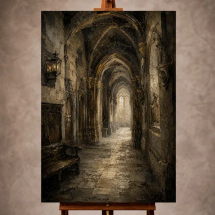 This Old University Corridor Dark Academia Wall Art captures the quiet grandeur of a historic academic hallway, where vaulted arches, worn stone floors, antique lanterns, and softly illuminated windows create a deeply atmospheric composition. The textured painterly surface adds museum-quality depth, giving the artwork a timeless, intellectual presence.Ideal for a study, library, reading room, office, hallway, or sophisticated living room, this piece brings old-world architecture and refined dark academia styling into elegant interiors. Its warm umber, charcoal, stone, and muted gold palette pairs beautifully with leather seating, dark wood, antique books, brass lighting, and gallery-inspired decor.Available as a Canvas Print, Acrylic Print, Metal Print, and Museum Matte Poster, this Dark Academia Wall Art is designed for curated interiors that value architectural character, scholarly mood, and timeless visual depth.