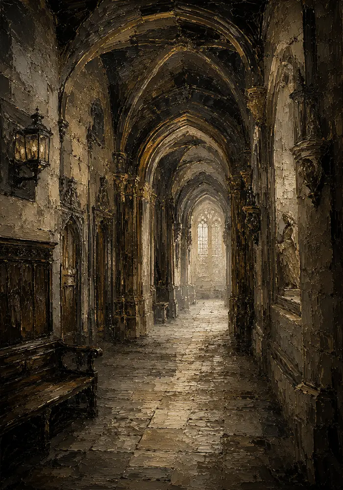 Old University Corridor Dark Academia Wall Art Canvas Print