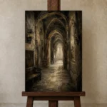 Old University Corridor Dark Academia Wall Art Canvas Print displayed on a studio easel