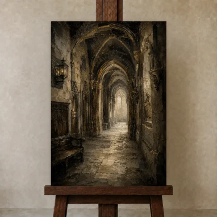 Old University Corridor Dark Academia Wall Art Canvas Print shown in Studio Easel