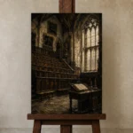 Gothic University Study Hall Dark Academia Wall Art Canvas Print displayed on a studio easel