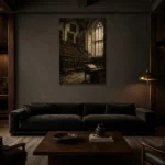 Gothic University Study Hall Dark Academia Wall Art Canvas Print shown in a warm modern interior