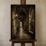 Ivy Covered Cloister Dark Academia Wall Art Canvas Print displayed on a studio easel