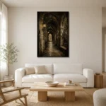 Ivy Covered Cloister Dark Academia Wall Art Canvas Print styled in a refined neutral interior