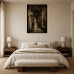Ivy Covered Cloister Dark Academia Wall Art Canvas Print showcased in an elegant minimalist interior