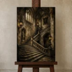Gothic University Staircase Dark Academia Wall Art Canvas Print displayed on a studio easel