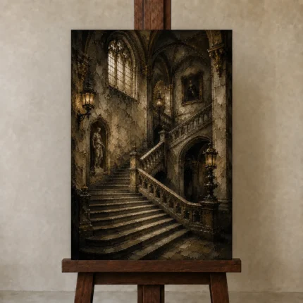 Gothic University Staircase Dark Academia Wall Art Canvas Print shown in Studio Easel