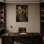 Gothic University Staircase Dark Academia Wall Art Canvas Print displayed in a contemporary gallery-inspired room