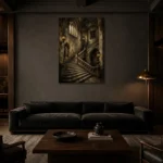 Gothic University Staircase Dark Academia Wall Art Canvas Print shown in a warm modern interior