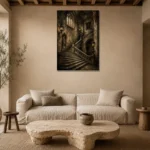 Gothic University Staircase Dark Academia Wall Art Canvas Print presented in a sophisticated home setting