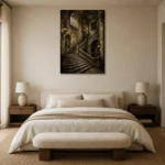 Gothic University Staircase Dark Academia Wall Art Canvas Print showcased in an elegant minimalist interior