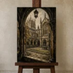Gothic University Courtyard Dark Academia Wall Art Canvas Print displayed on a studio easel