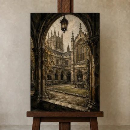 Gothic University Courtyard Dark Academia Wall Art Canvas Print shown in Studio Easel