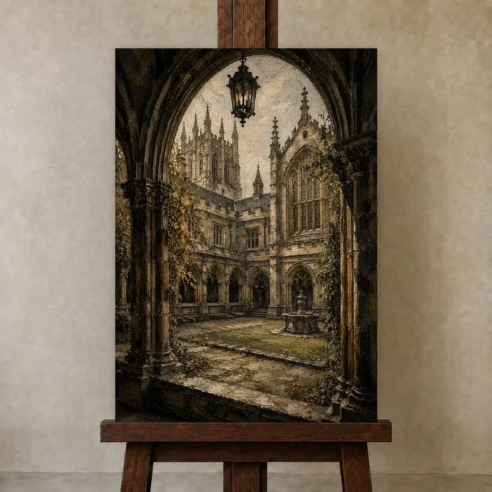 Gothic University Courtyard Dark Academia Wall Art Canvas Print displayed on a studio easel