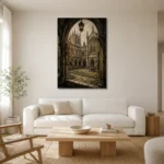 Gothic University Courtyard Dark Academia Wall Art Canvas Print styled in a refined neutral interior