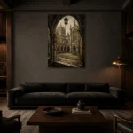 Gothic University Courtyard Dark Academia Wall Art Canvas Print shown in a warm modern interior