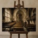 Old University Lecture Hall Dark Academia Wall Art Canvas Print displayed on a studio easel