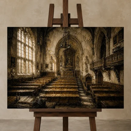 Old University Lecture Hall Dark Academia Wall Art Canvas Print displayed on a studio easel