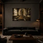 Old University Lecture Hall Dark Academia Wall Art Canvas Print shown in a warm modern interior