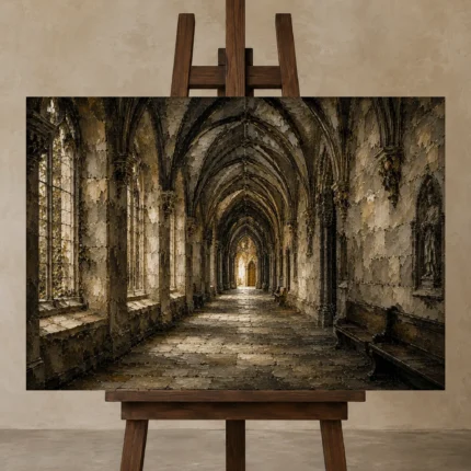 Vaulted University Hallway Dark Academia Wall Art Canvas Print displayed on a studio easel