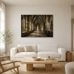 Vaulted University Hallway Dark Academia Wall Art Canvas Print styled in a refined neutral interior