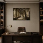 Vaulted University Hallway Dark Academia Wall Art Canvas Print displayed in a contemporary gallery-inspired room